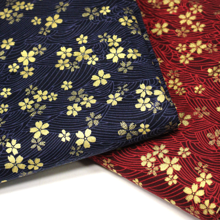 Tissu coton motif japonais vagues & fleurs sakura dorées : Bleu ou rouge - COLLECTION JAPON DORÉ