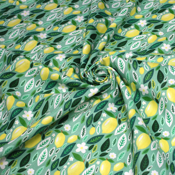 Tissu popeline coton vert, Citrons & feuilles de citronnier, collection SICILIA - TissusPapi.com