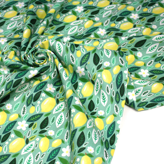 Tissu popeline coton vert, Citrons & feuilles de citronnier, collection SICILIA - TissusPapi.com