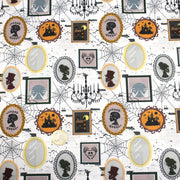 Tissu coton blanc aux cadres, photos et toiles d'araignée d'un manoir hanté - Collection Halloween - OEKO - TEX - TissusPapi.com