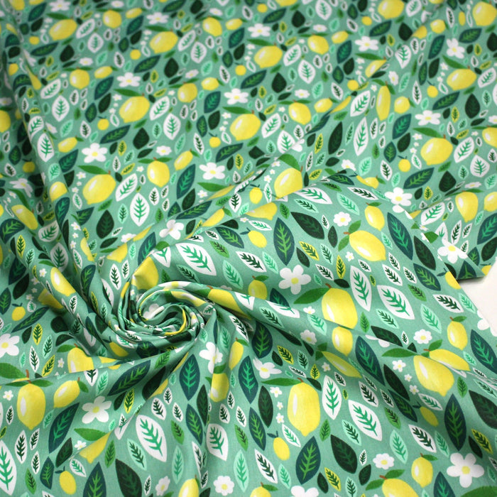 Tissu popeline coton vert, Citrons & feuilles de citronnier, collection SICILIA - TissusPapi.com