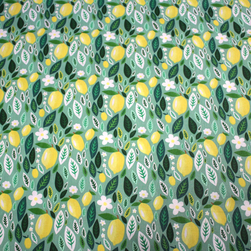Tissu popeline coton vert, Citrons & feuilles de citronnier, collection SICILIA - TissusPapi.com