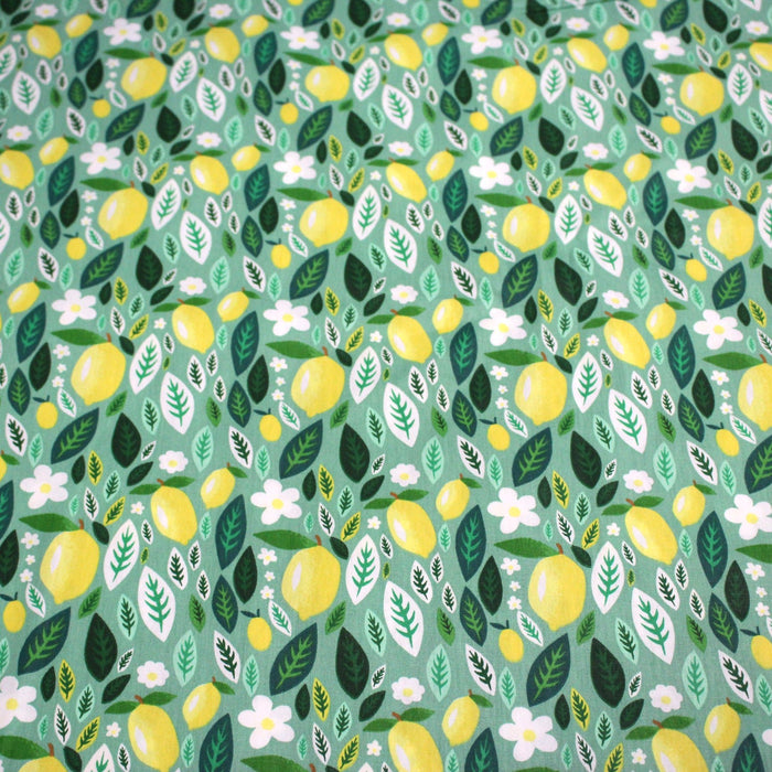 Tissu popeline coton vert, Citrons & feuilles de citronnier, collection SICILIA - TissusPapi.com