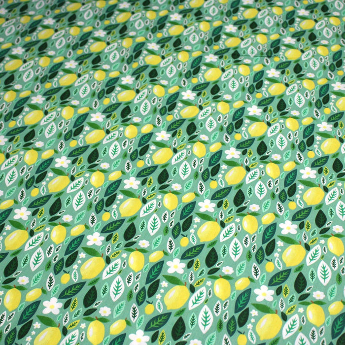 Tissu popeline coton vert, Citrons & feuilles de citronnier, collection SICILIA - TissusPapi.com