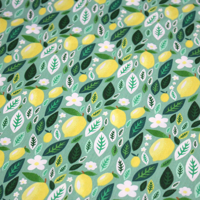 Tissu popeline coton vert, Citrons & feuilles de citronnier, collection SICILIA - TissusPapi.com