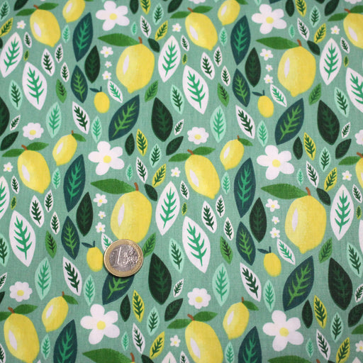 Tissu popeline coton vert, Citrons & feuilles de citronnier, collection SICILIA - TissusPapi.com
