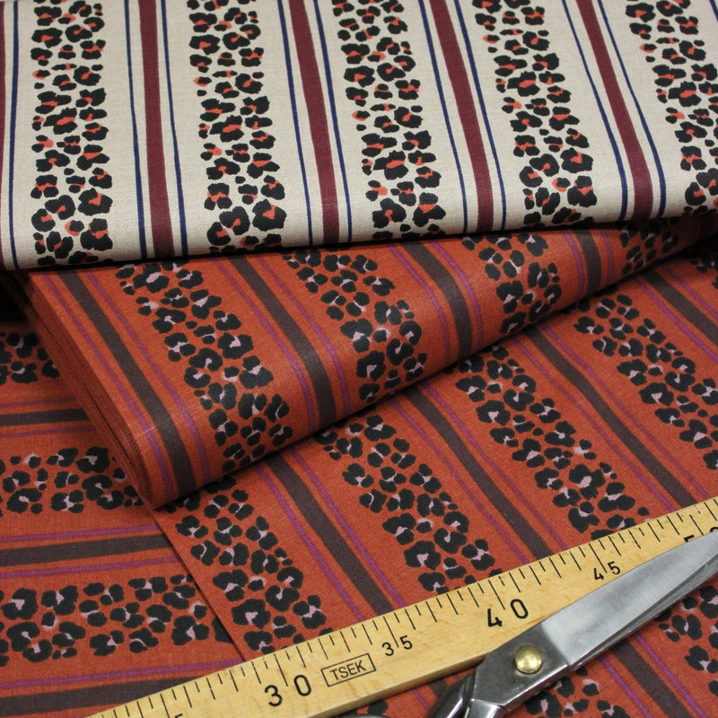 Tissu coton demi-natté LEOPARD & rayures : fond lin ou fond sienne chocolat - OEKO-TEX STANDARD 100 - TissusPapi.com