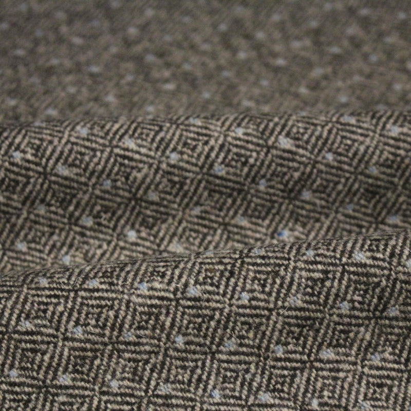 Tissu lainage tweed chevrons taupe à pois bleus - Fabrication italienne - TissusPapi.com