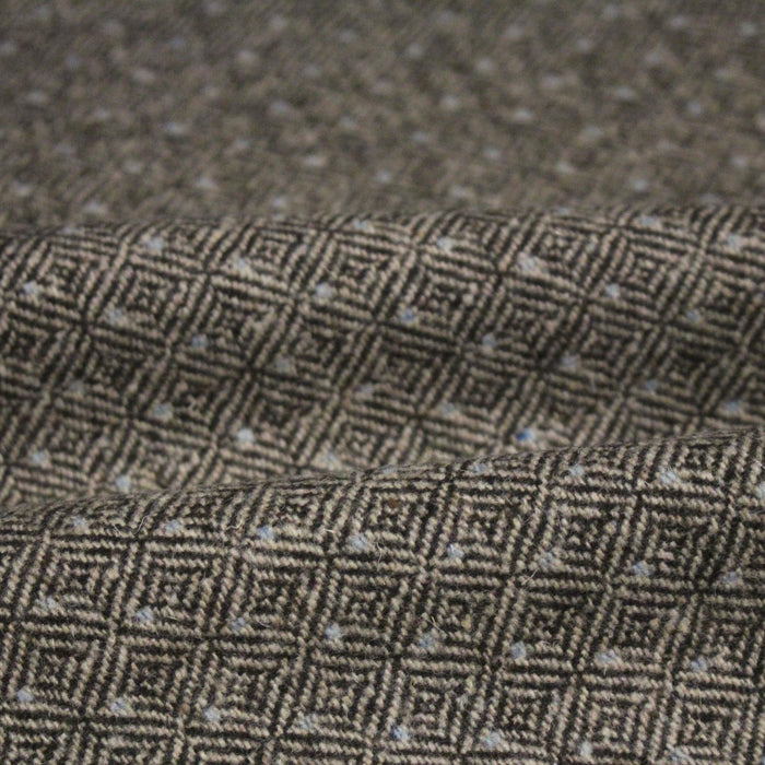 Tissu lainage tweed chevrons taupe à pois bleus - Fabrication italienne