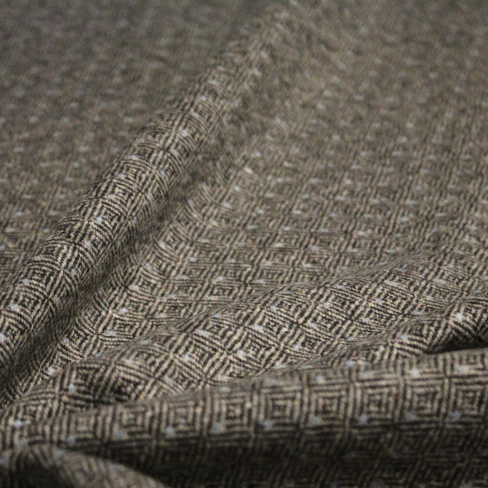 Tissu lainage tweed chevrons taupe à pois bleus - Fabrication italienne