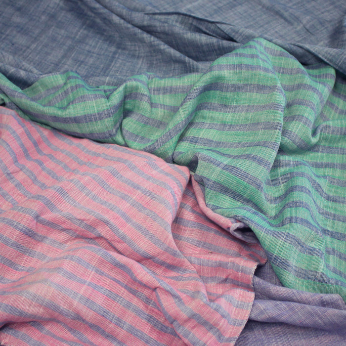 Tissu Double chambray coton à rayures : parme & rose ou bleu & vert
