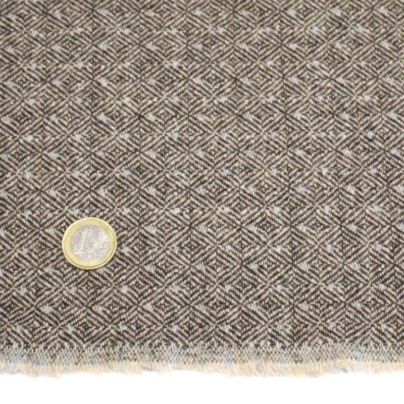 Tissu lainage tweed chevrons taupe à pois bleus - Fabrication italienne - TissusPapi.com