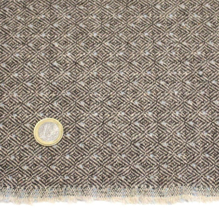 Tissu lainage tweed chevrons taupe à pois bleus - Fabrication italienne