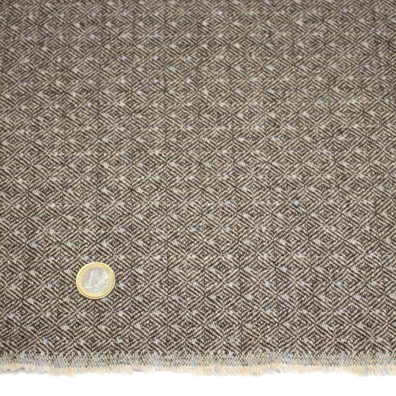 Tissu lainage tweed chevrons taupe à pois bleus - Fabrication italienne - TissusPapi.com