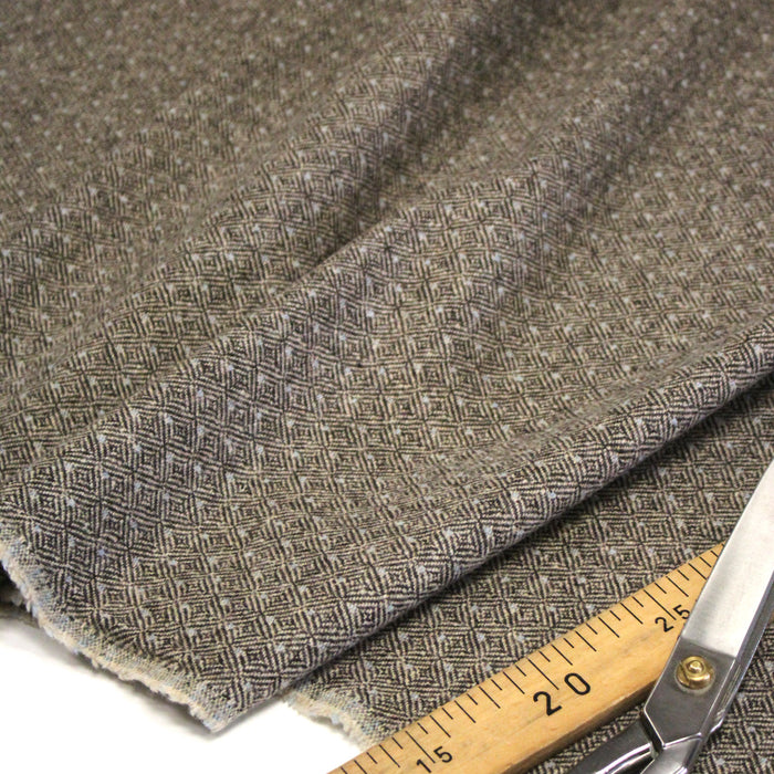 Tissu lainage tweed chevrons taupe à pois bleus - Fabrication italienne