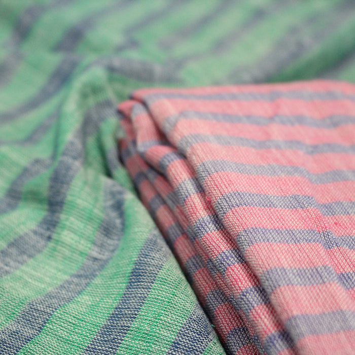 Tissu Double chambray coton à rayures : parme & rose ou bleu & vert