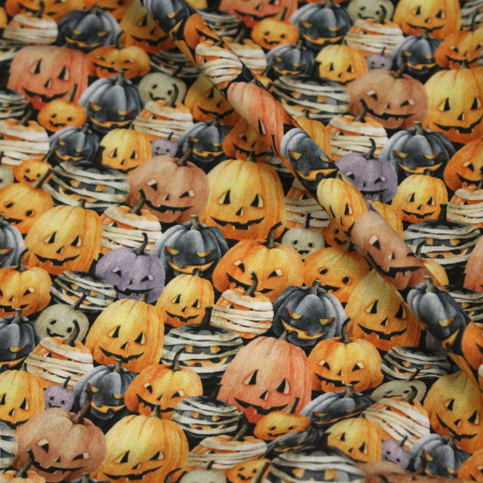 Tissu coton aux citrouilles oranges et noires & citrouilles momies - Collection Halloween - OEKO-TEX