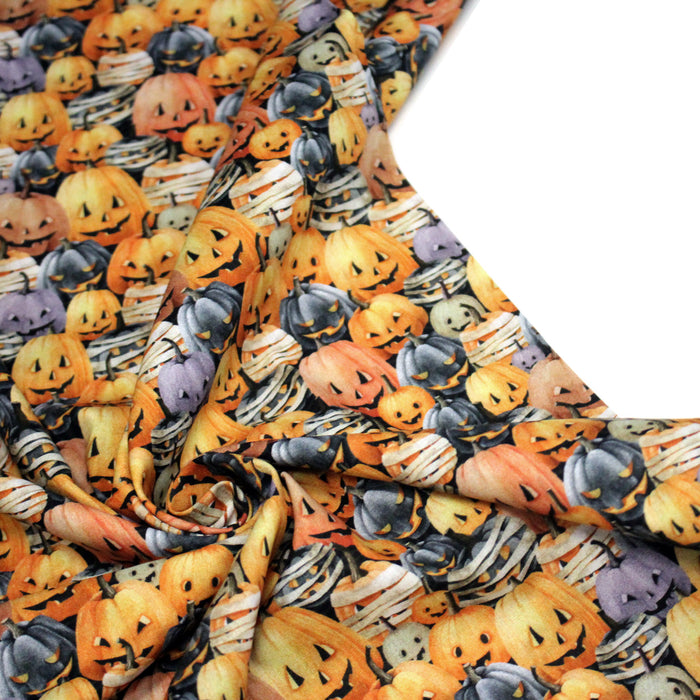 Tissu coton aux citrouilles oranges et noires & citrouilles momies - Collection Halloween - OEKO-TEX