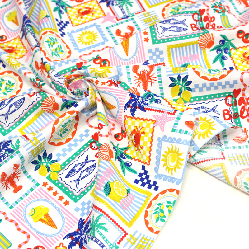 Tissu cotonnade Citrons, glaces, crabes et homards : fond noir ou blanc - COLLECTION SICILIA - OEKO-TEX STANDARD 100
