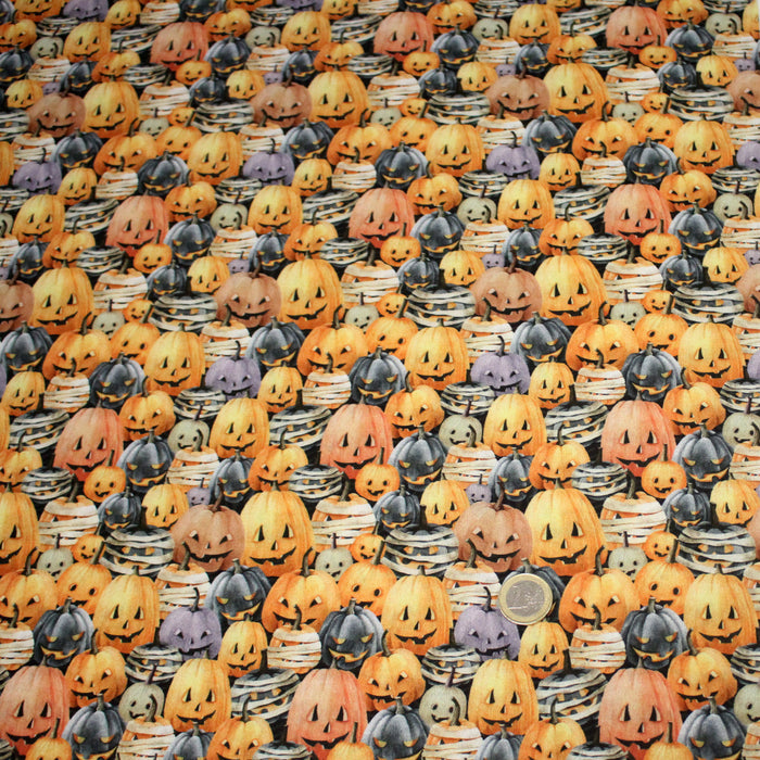 Tissu coton aux citrouilles oranges et noires & citrouilles momies - Collection Halloween - OEKO-TEX