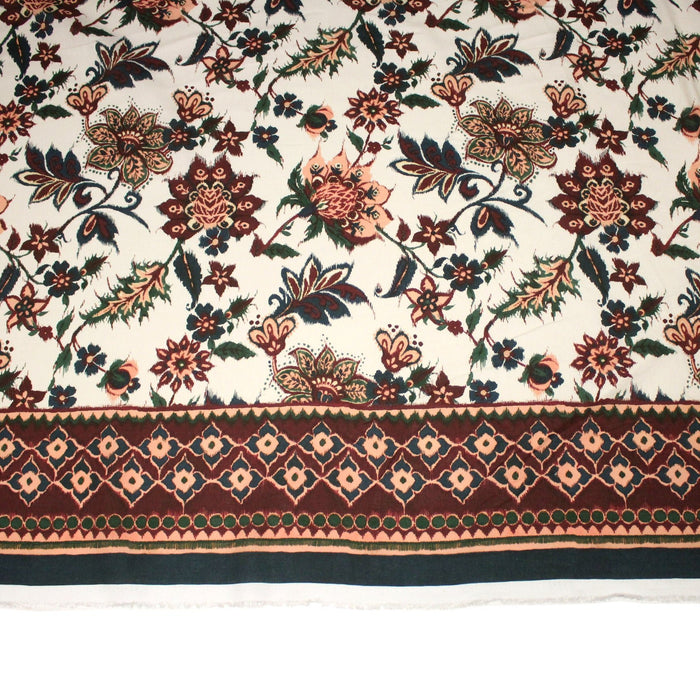 Tissu coton jacquard INDIENNES écru aux fleurs bleues, vertes, corail et bordeaux - Fabrication italienne - TissusPapi.com