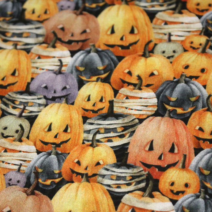 Tissu coton aux citrouilles oranges et noires & citrouilles momies - Collection Halloween - OEKO-TEX