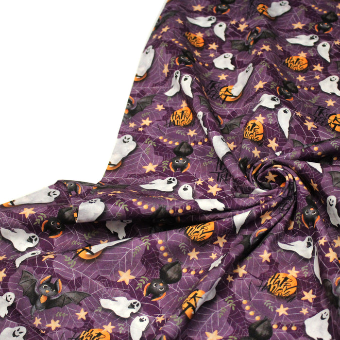 Tissu coton violet, toile d'araignée, fantômes, chauve-souris - Collection Halloween - OEKO-TEX