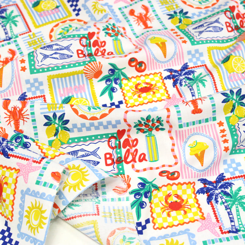 Tissu cotonnade Citrons, glaces, crabes et homards : fond noir ou blanc - COLLECTION SICILIA - OEKO-TEX STANDARD 100
