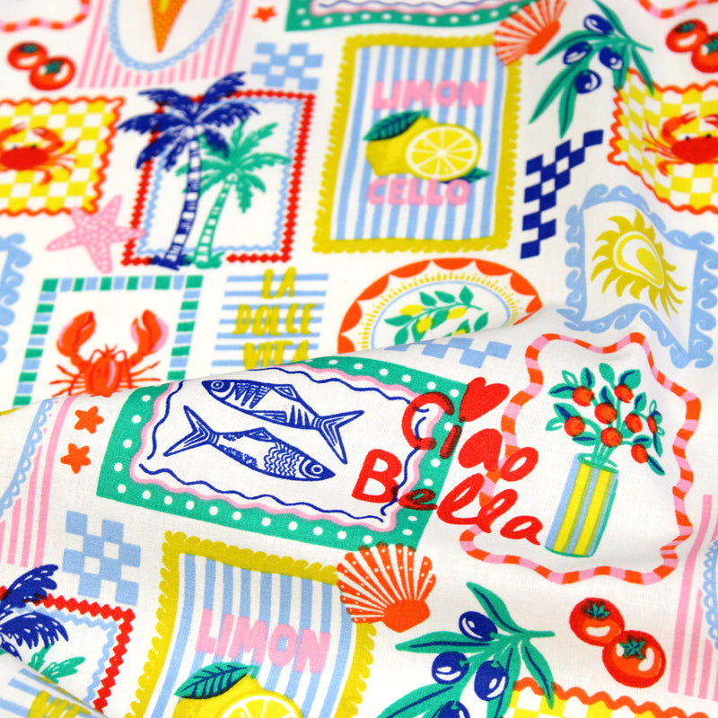 Tissu cotonnade Citrons, glaces, crabes et homards : fond noir ou blanc - COLLECTION SICILIA - OEKO-TEX STANDARD 100
