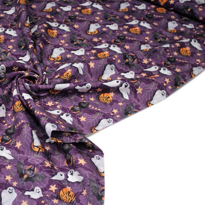 Tissu coton violet, toile d'araignée, fantômes, chauve-souris - Collection Halloween - OEKO-TEX