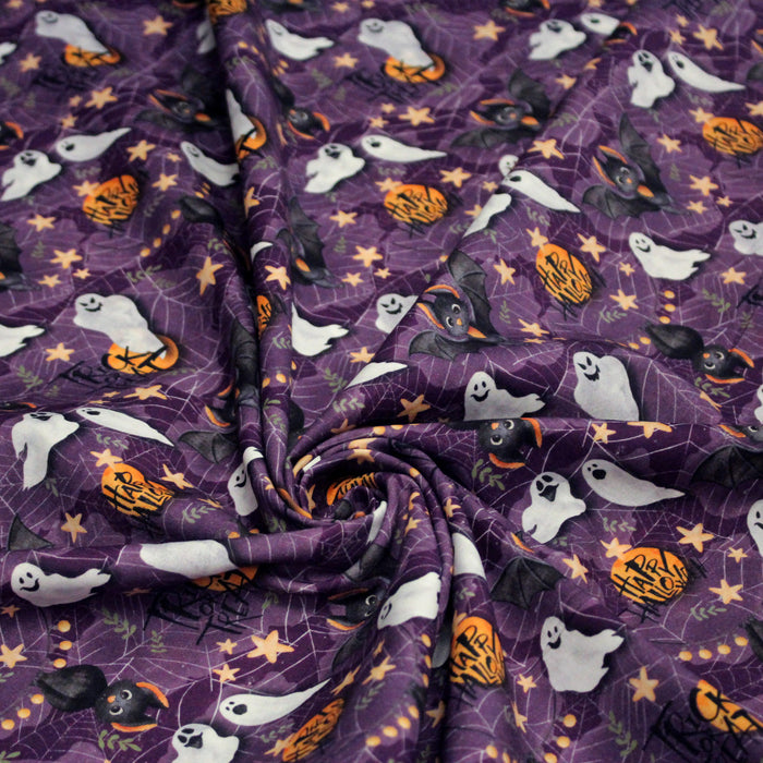 Tissu coton violet, toile d'araignée, fantômes, chauve-souris - Collection Halloween - OEKO-TEX