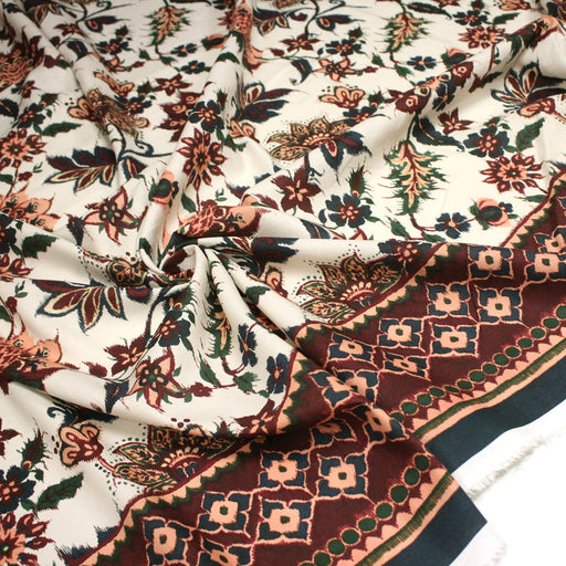Tissu coton jacquard INDIENNES écru aux fleurs bleues, vertes, corail et bordeaux - Fabrication italienne - TissusPapi.com