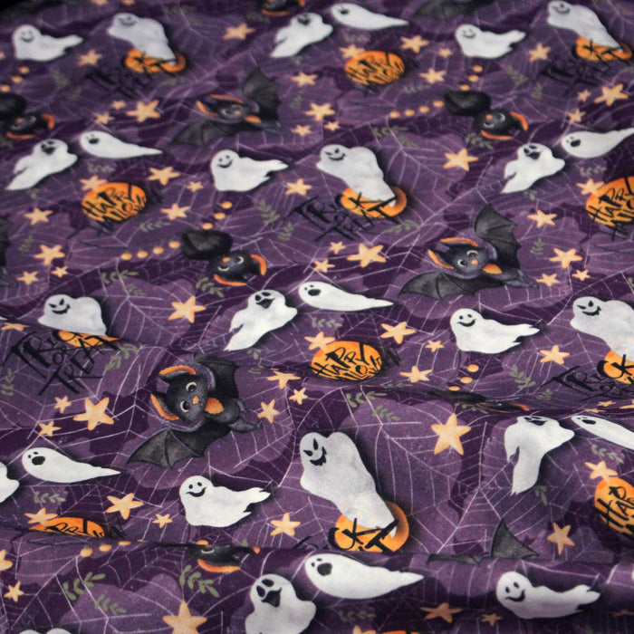 Tissu coton violet, toile d'araignée, fantômes, chauve-souris - Collection Halloween - OEKO-TEX