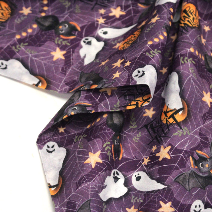 Tissu coton violet, toile d'araignée, fantômes, chauve-souris - Collection Halloween - OEKO-TEX