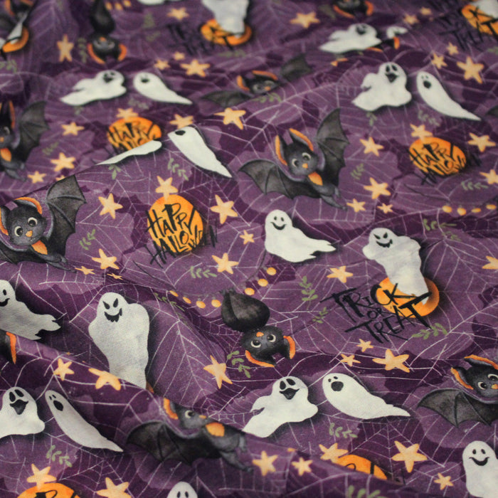 Tissu coton violet, toile d'araignée, fantômes, chauve-souris - Collection Halloween - OEKO-TEX