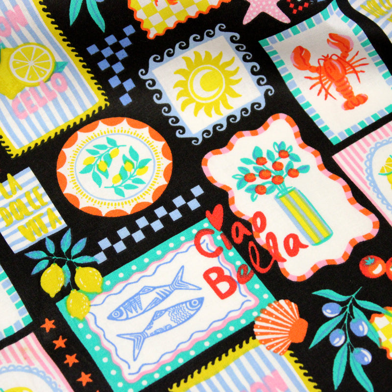 Tissu cotonnade Citrons, glaces, crabes et homards : fond noir ou blanc - COLLECTION SICILIA - OEKO-TEX STANDARD 100