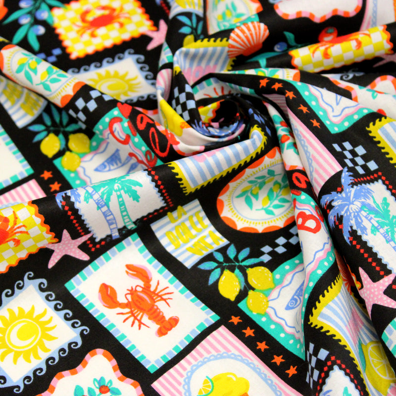 Tissu cotonnade Citrons, glaces, crabes et homards : fond noir ou blanc - COLLECTION SICILIA - OEKO-TEX STANDARD 100
