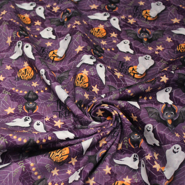 Tissu coton violet, toile d'araignée, fantômes, chauve-souris - Collection Halloween - OEKO-TEX