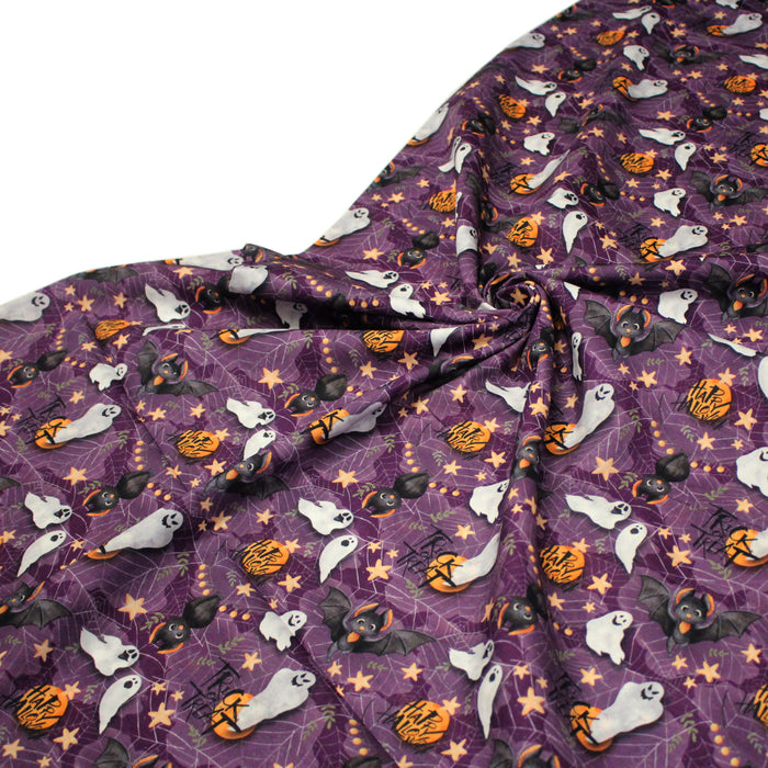 Tissu coton violet, toile d'araignée, fantômes, chauve-souris - Collection Halloween - OEKO-TEX