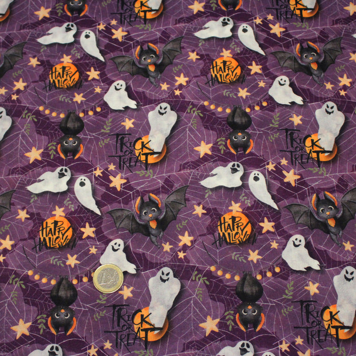 Tissu coton violet, toile d'araignée, fantômes, chauve-souris - Collection Halloween - OEKO-TEX