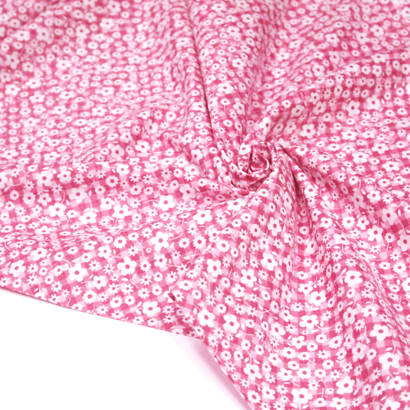 Tissu cotonnade CHARLINE : Vichy rose blanc et petites fleurs roses - TissusPapi.com