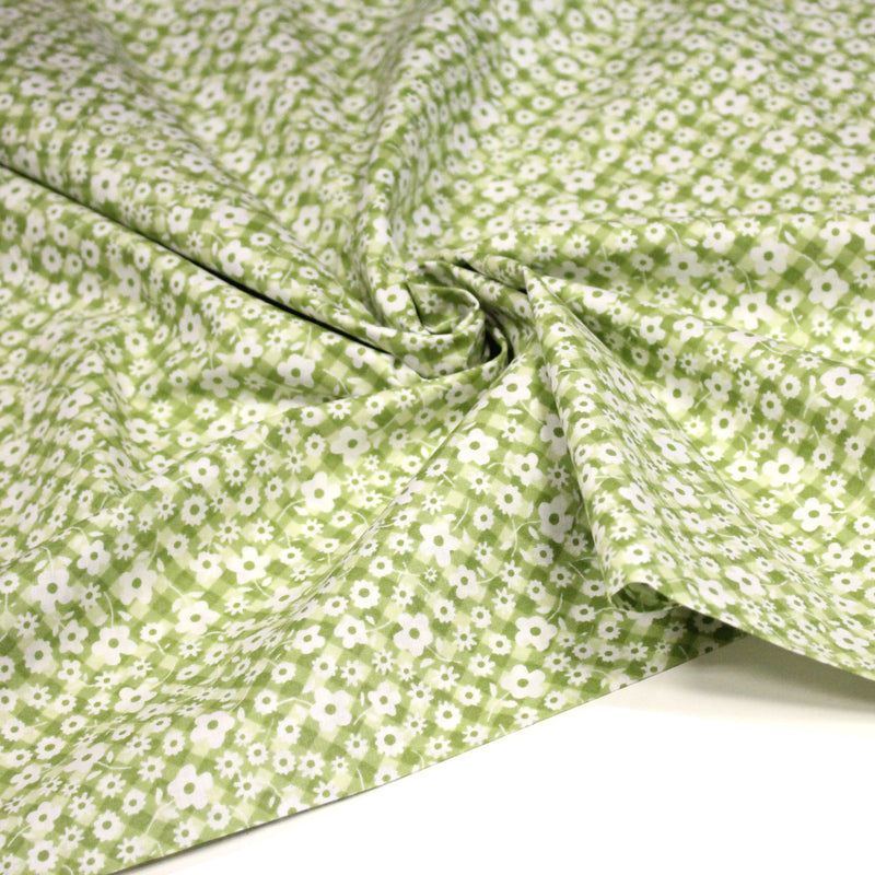 Tissu cotonnade CHARLINE : Vichy vert blanc et petites fleurs vertes - TissusPapi.com