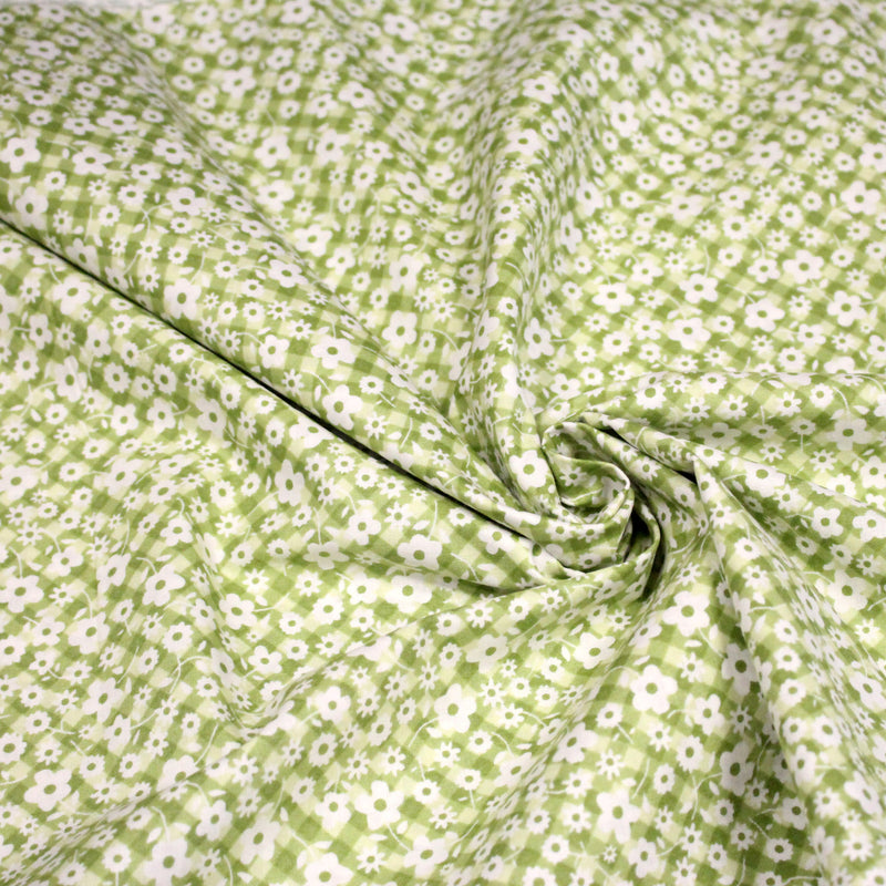 Tissu cotonnade CHARLINE : Vichy vert blanc et petites fleurs vertes - TissusPapi.com
