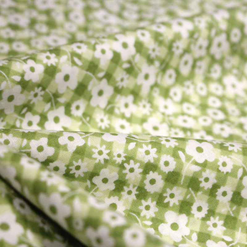 Tissu cotonnade CHARLINE : Vichy vert blanc et petites fleurs vertes - TissusPapi.com