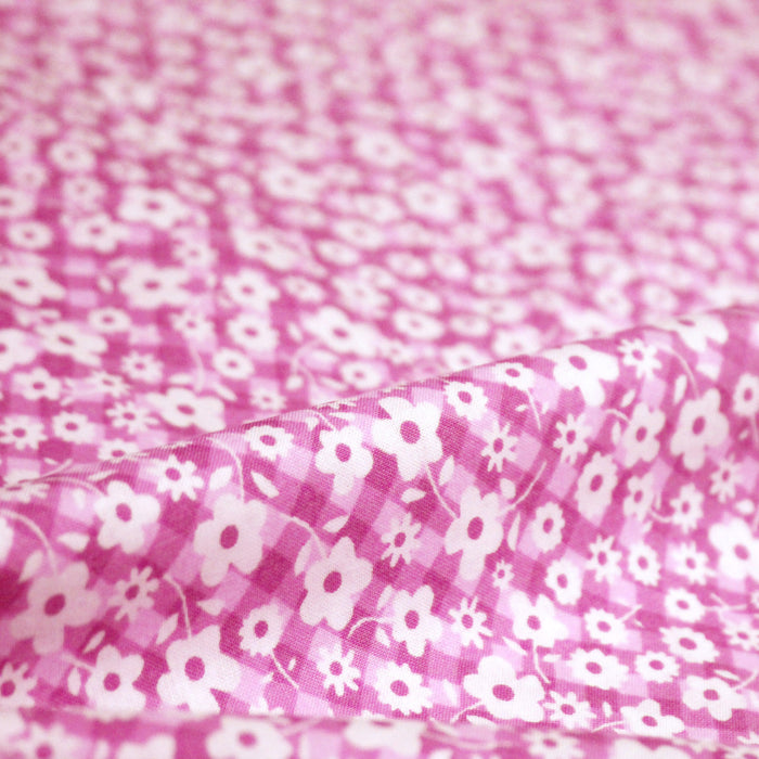 Tissu cotonnade CHARLINE : Vichy rose blanc et petites fleurs roses