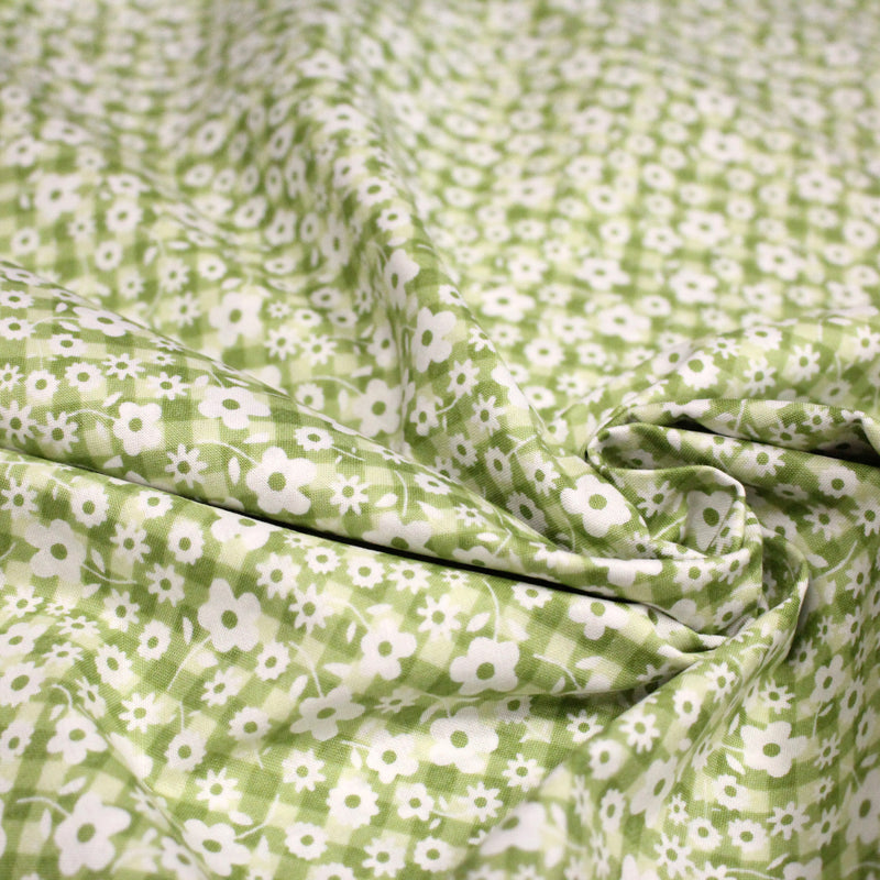 Tissu cotonnade CHARLINE : Vichy vert blanc et petites fleurs vertes - TissusPapi.com