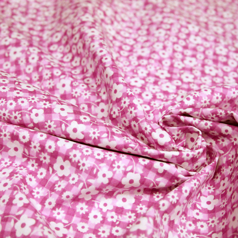 Tissu cotonnade CHARLINE : Vichy rose blanc et petites fleurs roses - TissusPapi.com
