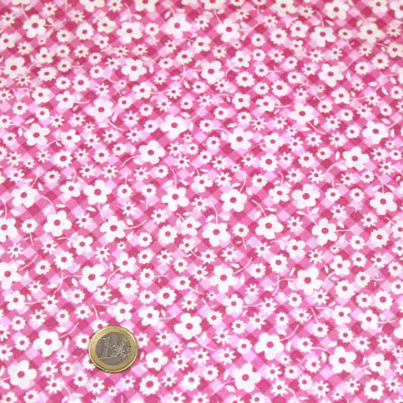 Tissu cotonnade CHARLINE : Vichy rose blanc et petites fleurs roses - TissusPapi.com