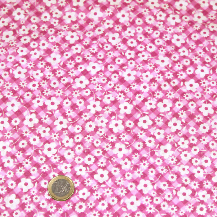 Tissu cotonnade CHARLINE : Vichy rose blanc et petites fleurs roses