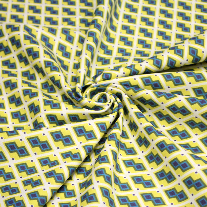 Tissu coton motifs WAX géométriques jaunes et bleus, fond blanc - OEKO-TEX